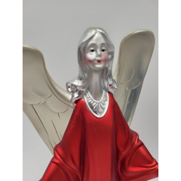 Lot Of 2 Plastic Silver Tone Angel Figurines Red & Blue Table Decorations 12" - Picture 2 of 13